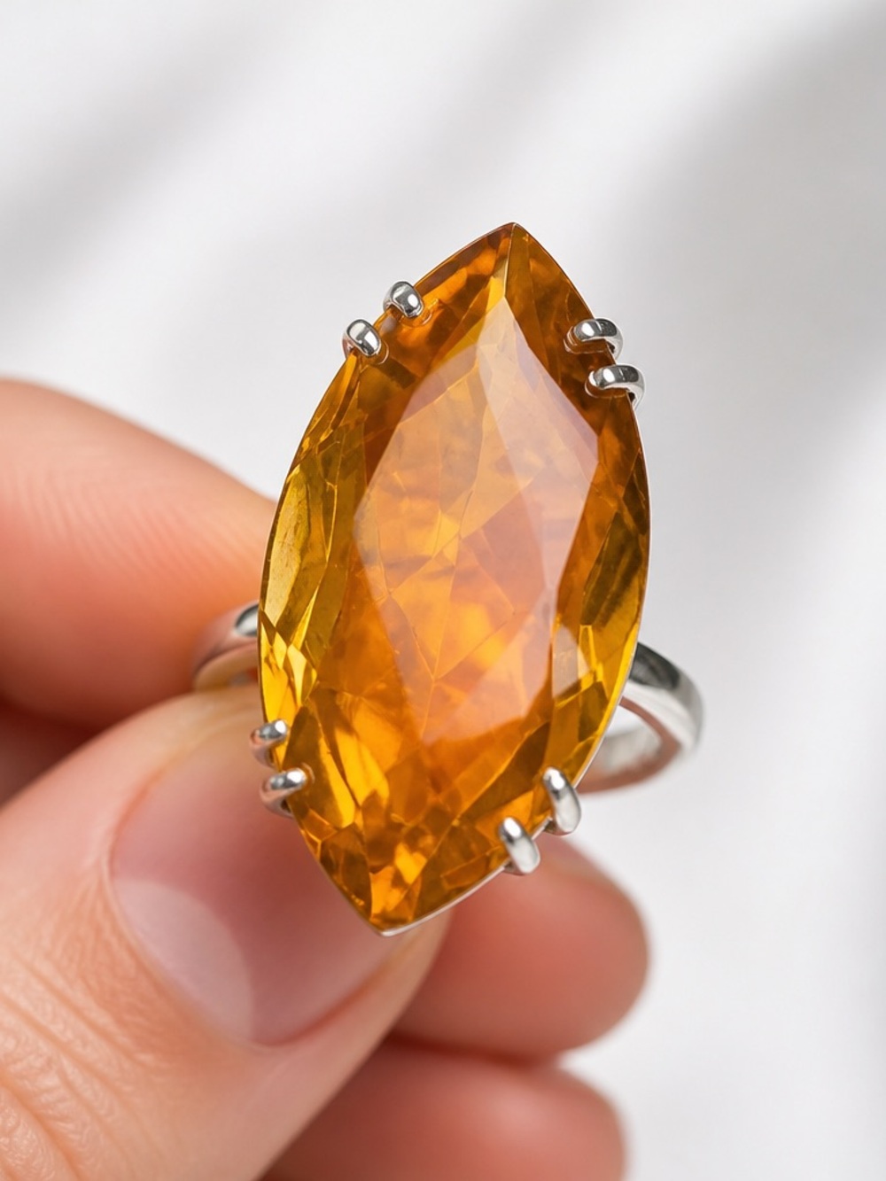 Sz 5 3/4 Sterling Silver Marquise Cut Honey Citrine Amber-Orange Ring